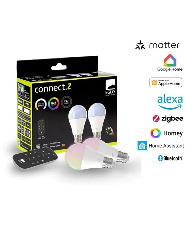 EGLO E27 LED-Z MATTER A60 RGB/CCT 11W 1300lm opal 2-pack w/remote control
