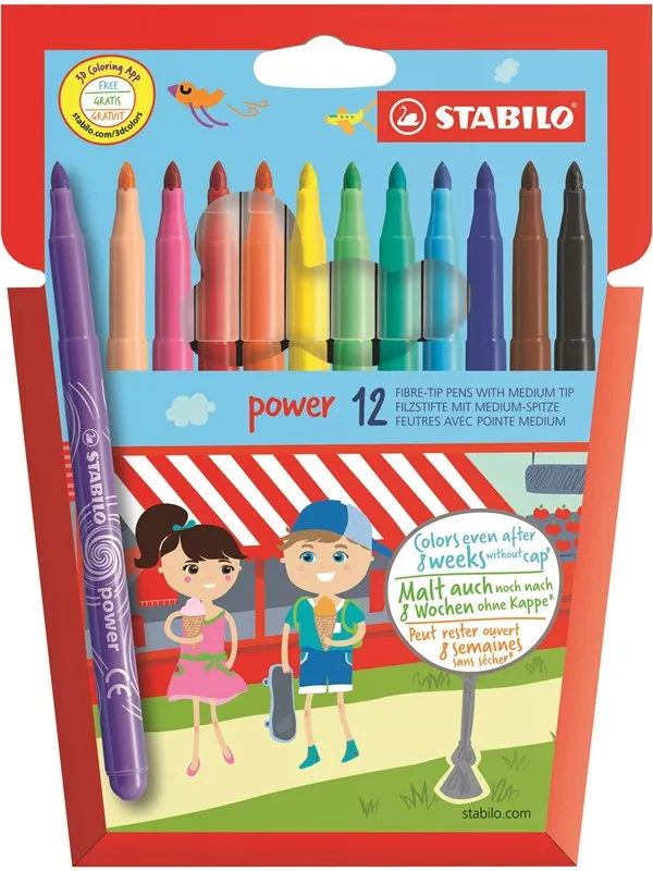 STABILO  Power fibre tip pen cardboard wallet of 12 pens washable ink cap off time 8 weeks