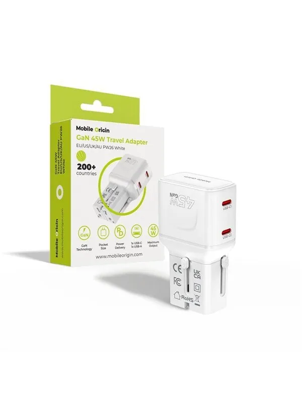 Mobile Origin 45W Travel Adapter - EU/US/UK/AU PW26 - white