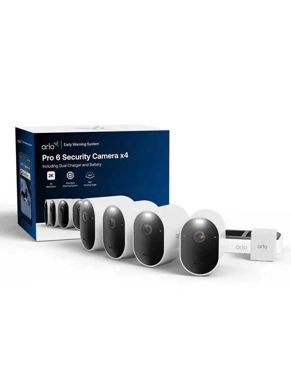 Arlo Pro 6 2K+ overvåkningskamera, 4-pakning + Dobbel batterilader + ekstra batteri