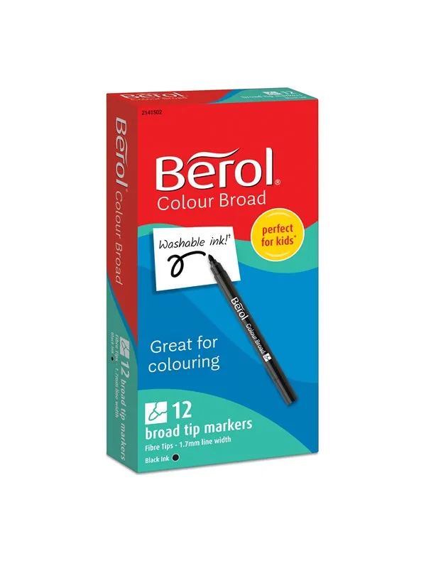 Berol filtspiss fargetusjer, bred spiss (1,2mm), vaskbar, sort, eske med 12 stk.
