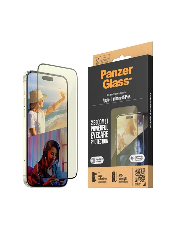 PanzerGlass Eyecare Screen Protection iPhone 15 Plus | Ultra-Wide Fit w. EasyAligner