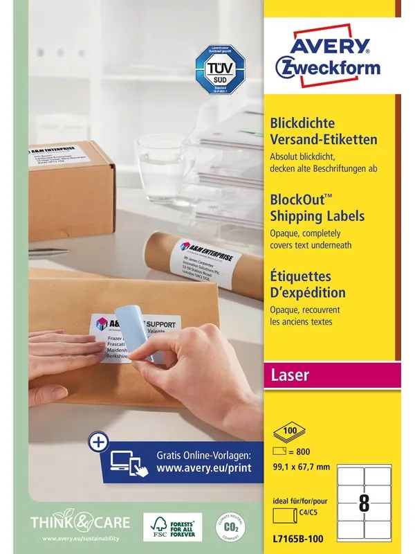 Avery Etiketter med BlockOut™ , 100 % dekkende, 99,1 x 67,7 mm, Hvit
