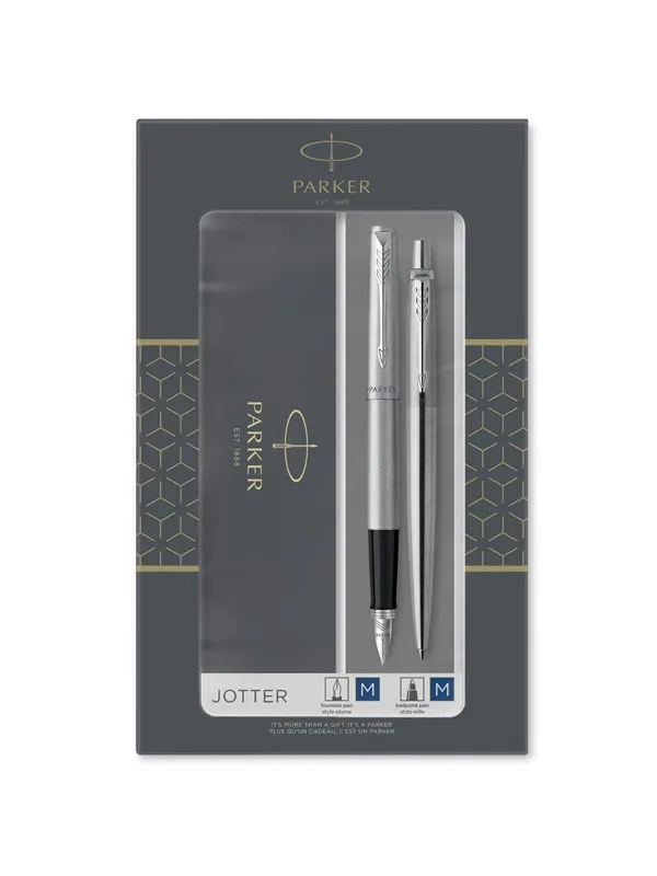 Parker Jotter Duo Gift Set with Ballpoint Pen & Fountain Pen | Stainless Steel with Chrome Trim | Blue Ink Refill & Cartridges | Gift Box