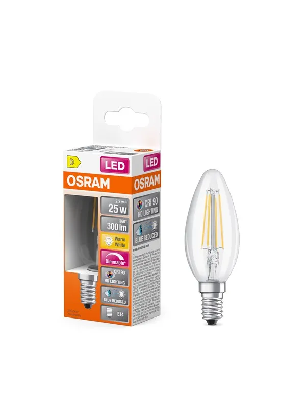 Osram LED-lyspære LED Comfort candle filament 300lm 2.2W/927 (25W) dimmable E14