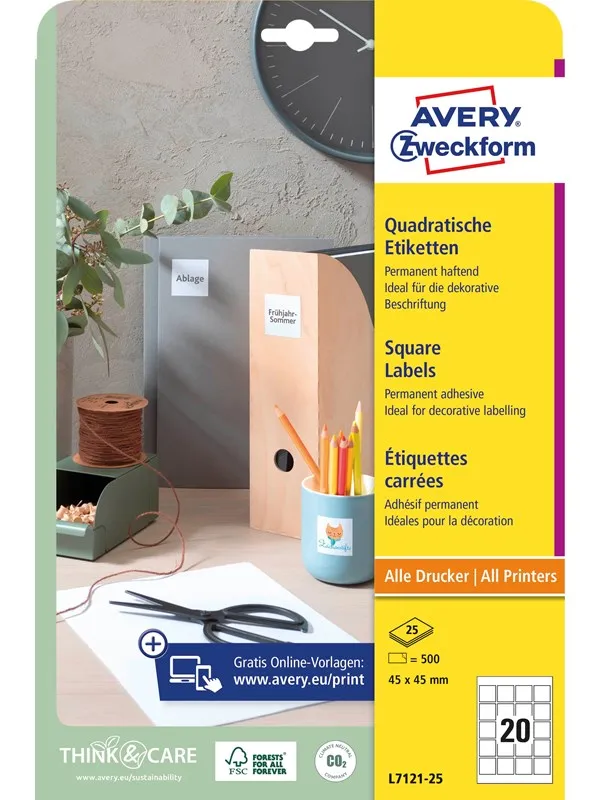 Avery Etiketter for QR-kode, 45 x 45 mm, 500 Etiketter, Hvit