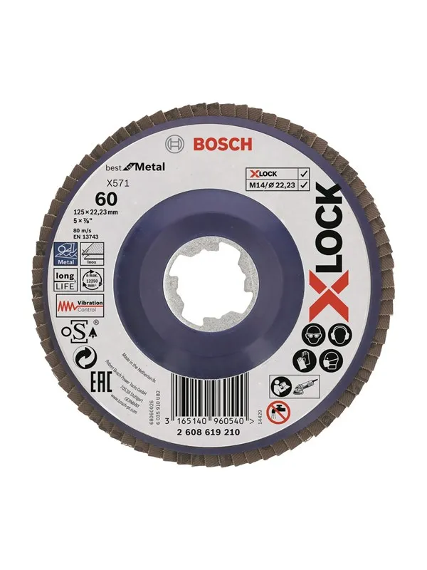 Bosch X-LOCK-lamellslipeskiver, rett modell, plastplate, Ø125 mm, G 60, X571, Best for Metal, 1 stk. D= 125 mm, G= 60, rett