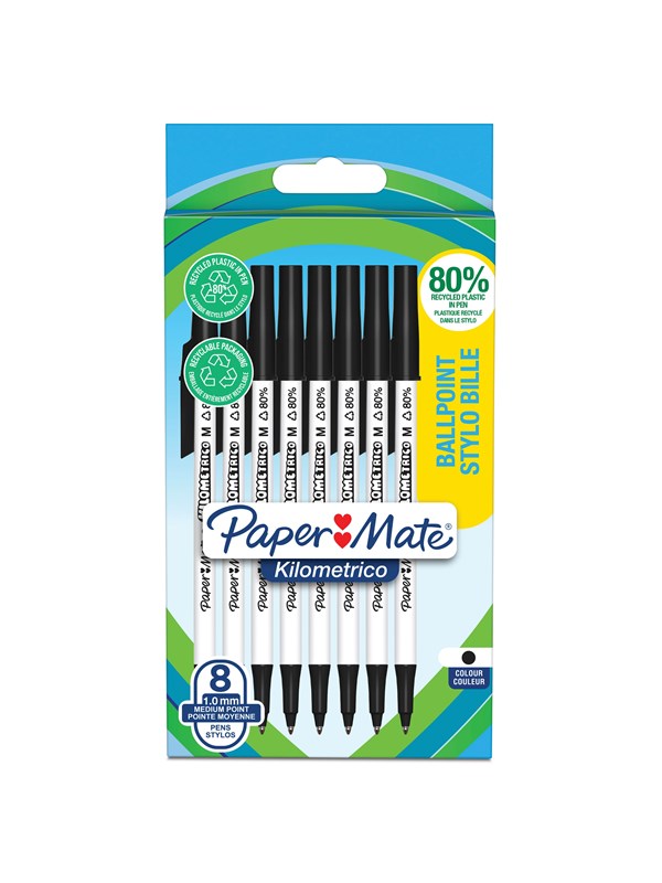 Paper Mate Kilometrico kulepenner | Lang skriving med middels punkt (1,0 mm) | Svart blekk | 80 % resirkulert plast | 8 Stk