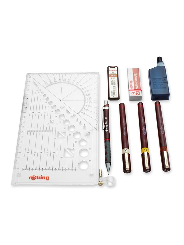 Rotring Isograph Fineliner Pen & Pencil College Set | 3 Technical Pens (0.25mm 0.35mm 0.50mm) and Mechanical Pencil (0.5mm) + Accessories