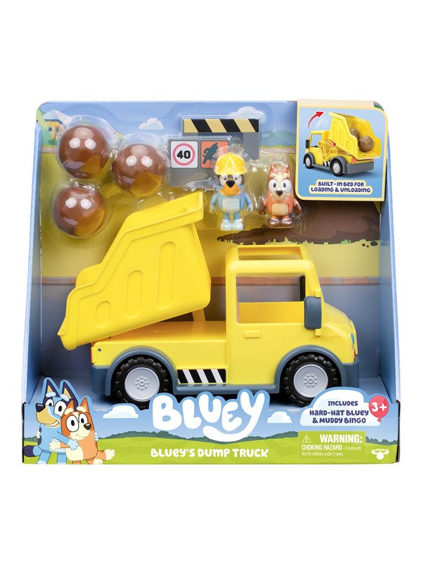 Bluey 's Dump Truck with Exclusive Hard-Hat  and Muddy Bingo Figures