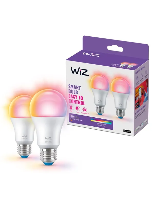 WiZ Color A60 E27 Smart Bulb 2-pakning - RGB/16 millioner farger + dimbar hvit LED
