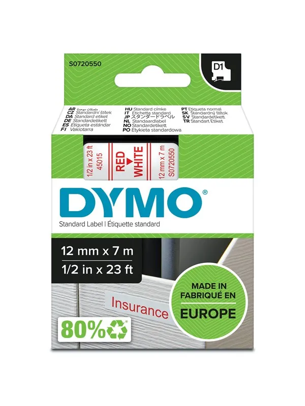 DYMO D1 tape, 12mm x 7m rull, rød på hvit
