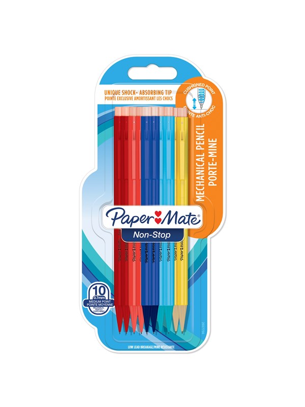 Paper Mate Non-Stop Mechanical Pencil | 0.7mm with Shock-Absorbing Tip | HB #2 | Assorted Barrel Colours | 10 Count