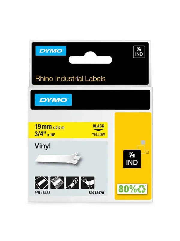 DYMO Rhino industri vinyl tape,19 mm x 5.5 m rull, sort på gul
