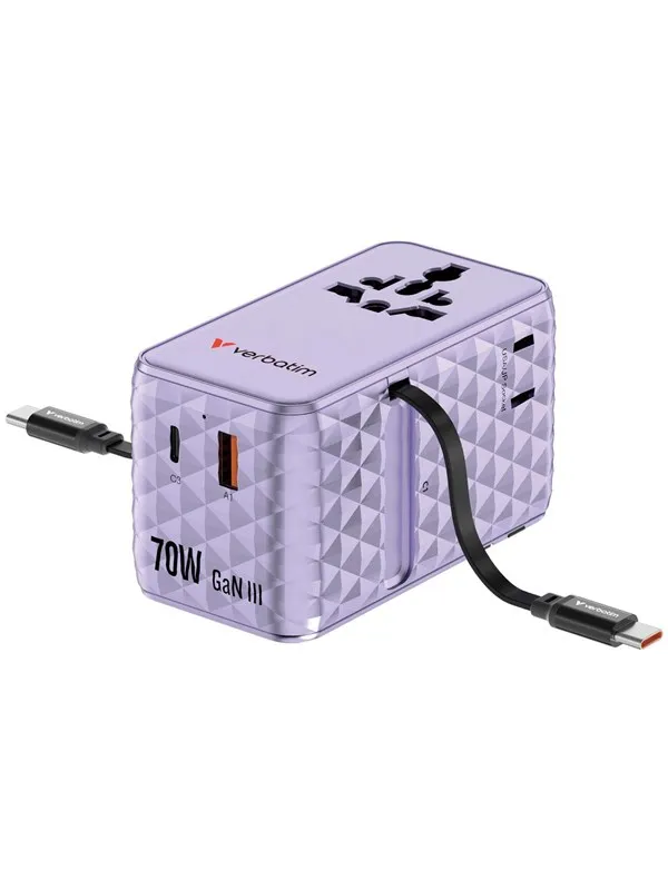 Verbatim Charge 'n'  Travel  70W 2C retractable Universal Travel Adapter - Purple