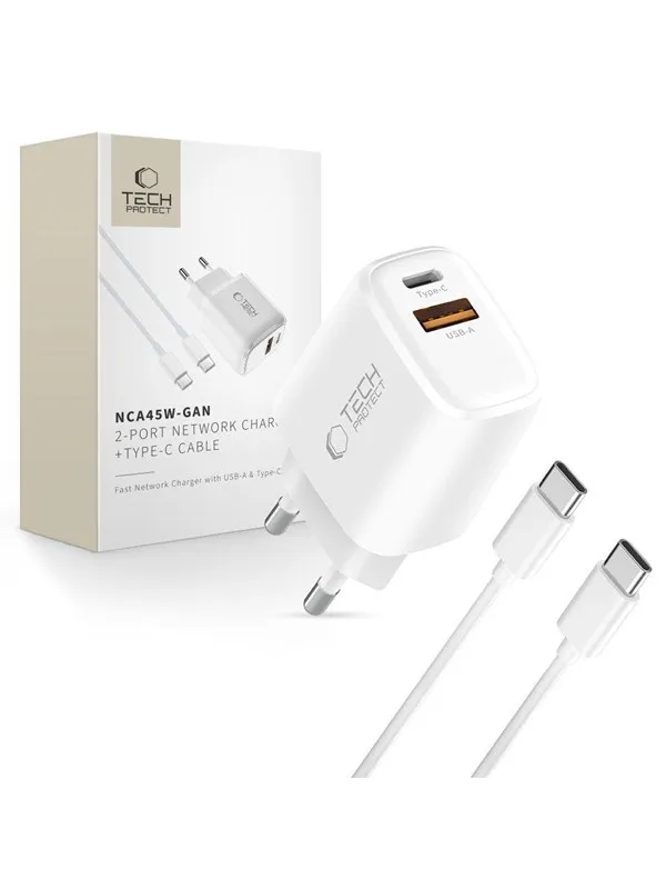 Tech-Protect NCA45W-GAN 2-Port 45W AC Charger with USB-C Cable - White