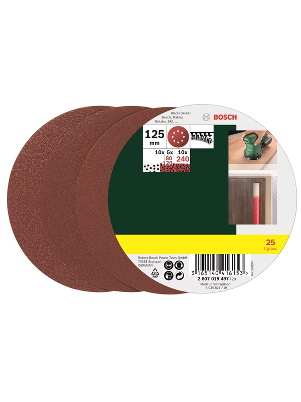 Bosch 25-delers slipepapirsett til eksentersliper, korning 80, 120, 240 125 mm