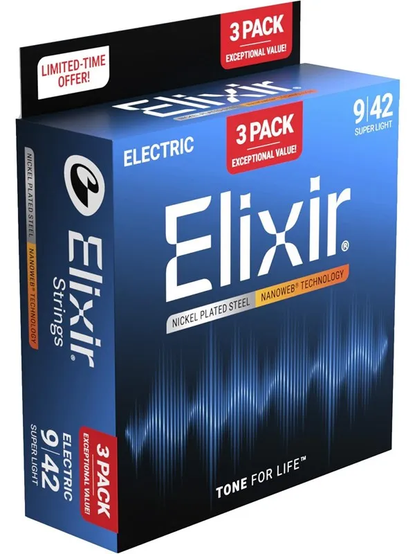 Elixir Strings 16566 - Nickel-Plated Steel - Elektriske strenger - Nanoweb - Super Light (09-42) - 3-PAKKE