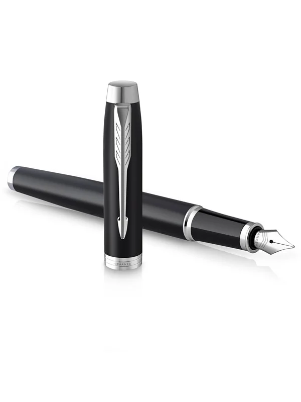 Parker IM Fountain Pen | Matte Black with Chrome Trim | Medium Point with Blue Ink Cartridge | Gift Box