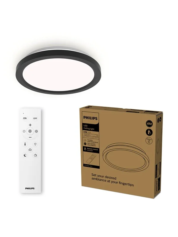Philips AIO taklampe med fjernkontroll (rund, svart) - 24 W integrert LED-lampe med 3-trinns dimming
