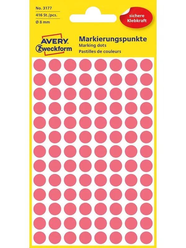 Avery Matriseklistremerker, Ø 8 mm, 416 Etiketter, Lys rød