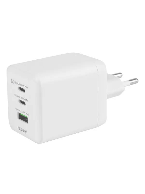 Deltaco USB GaN Wall Charger 100 W | 1x USB-A | 2x USB-C | PPS | White