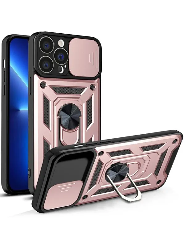 Hurtel Hybrid Armor Camshield Case for iPhone 13 Pro Max Armored Case with Camera Cover Pink
