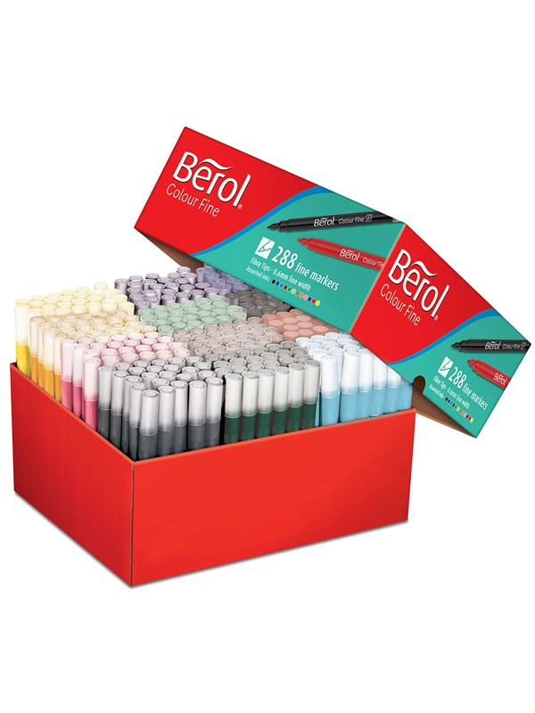 Berol filtspiss fargetusjer, tynn spiss (0,6mm), vaskbar, assorterte farger, eske med 288 stk.