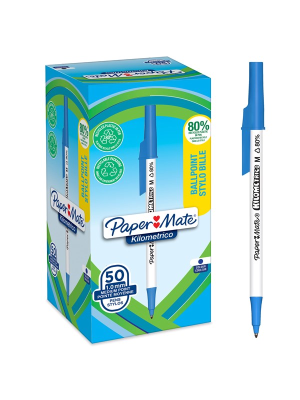 Paper Mate Kilometrico kulepenner | Lang skriving med middels punkt (1,0 mm) | Blått blekk | 80 % resirkulert plast | 50 Stk