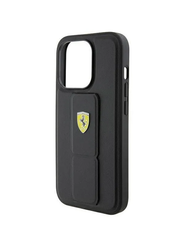 Ferrari Grip Stand Metal Logo Case for iPhone 15 Pro - Black