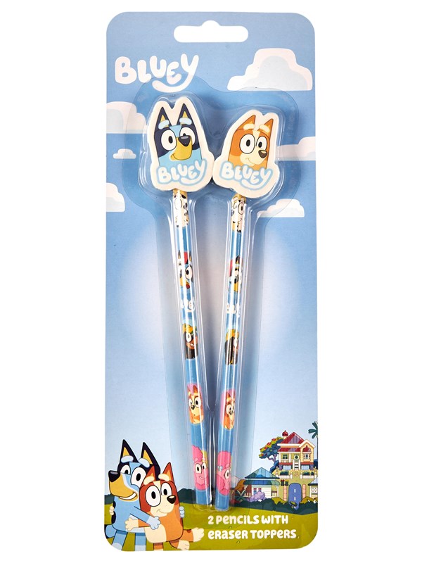 Euromic Bluey 2-pack pencils w/2 eraser toppers - triangular pencils unsharpened each with eraser topper packed on blistercard w/eurohole CE & 0-3 years pictogram