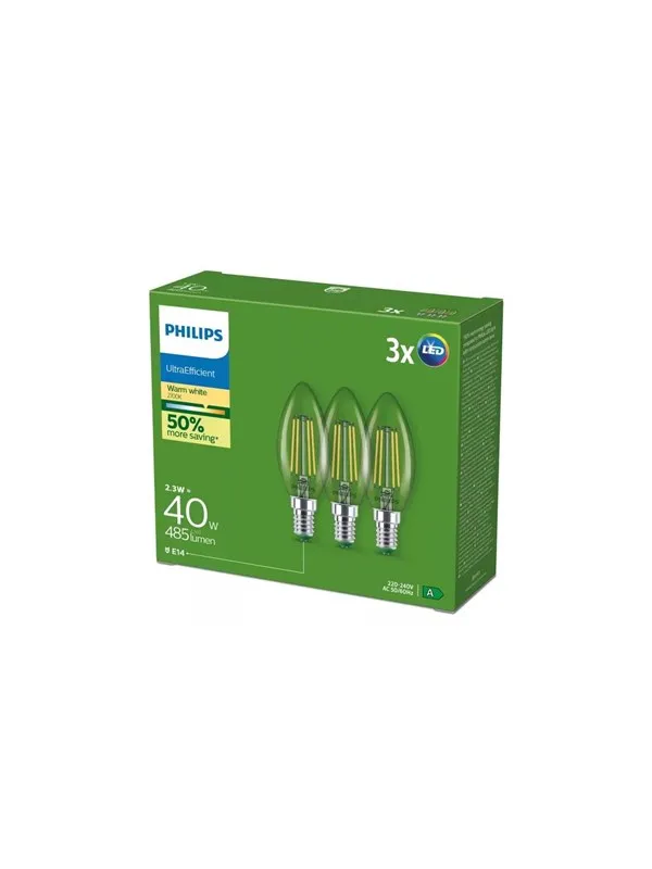 Philips LED-lyspære Ultra Efficient B35 2,3W/827 (40W) Clear 3-pack E14