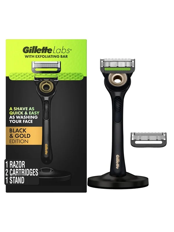 Gillette Exfoliating Bar Razor Black and Gold Edition (2 Count + Handle + Stand)