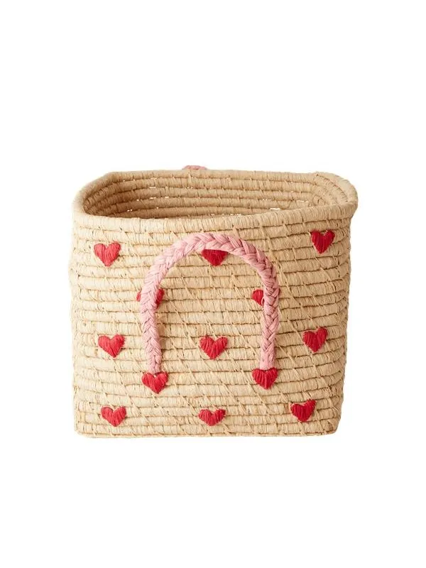 Rice Raffia Basket with Handles - Hearts