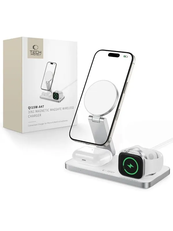 Tech-Protect QI15W-A47 MagSafe 3in1 Inductive Charger + USB-C Cable - White
