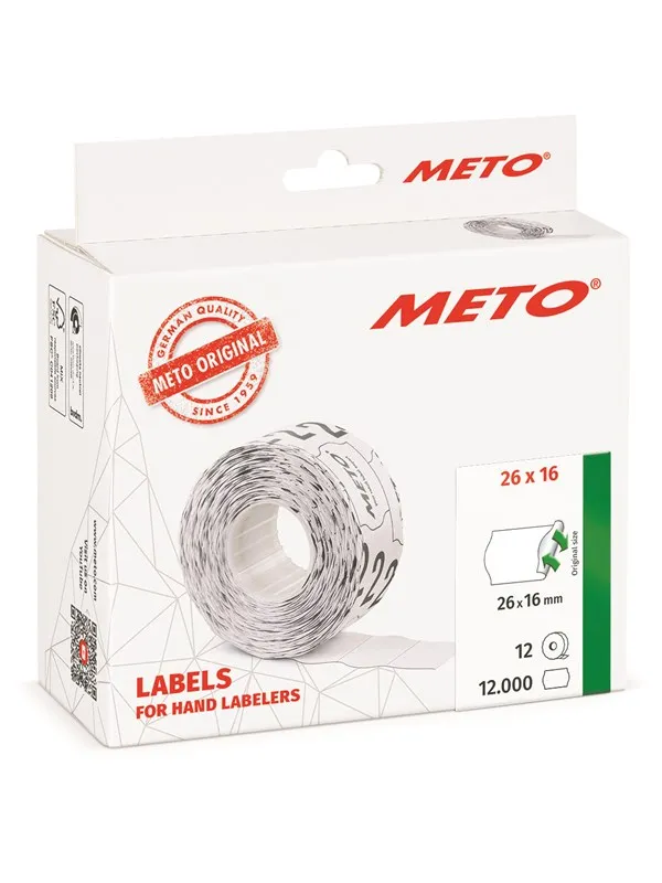 METO Prisetiketter avtak. 26x16mm, hvit, 12rl/1000