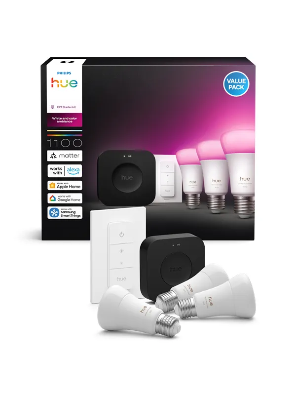 Philips Hue Startpakke: 3 E27-smartpærer + Dimmer switch + Bridge Pro