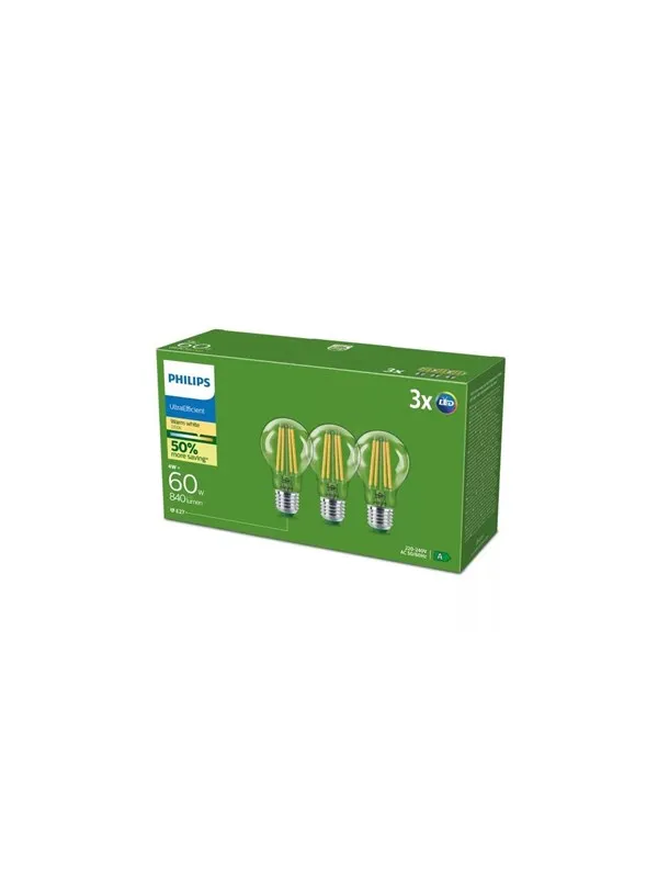 Philips LED-lyspære Ultra Efficient A60 4W/827 (60W) Clear 3-pack E27