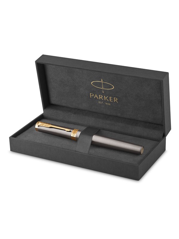 Parker Ingenuity Fountain Pen | Grey Lacquer with Gold Trims | Fine Stainless Steel Nib | Black & Blue Ink Cartridge Refills | Gift Box