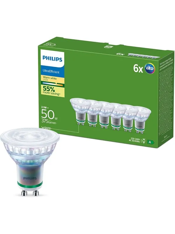 Philips LED-lyspære Ultra Efficient 2,1W/827 (50W) 36° 6-pack GU10