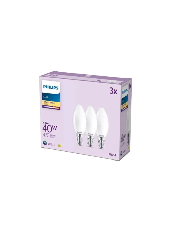 Philips LED-lyspære B35 3,4W/827 (40W) Frosted 3-pack E14