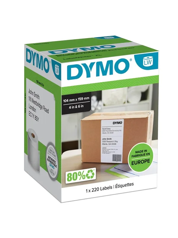 DYMO LW ekstra store forsendelsesetiketter, 104mm x 159mm, Ruller med 220 stk., sort på hvit