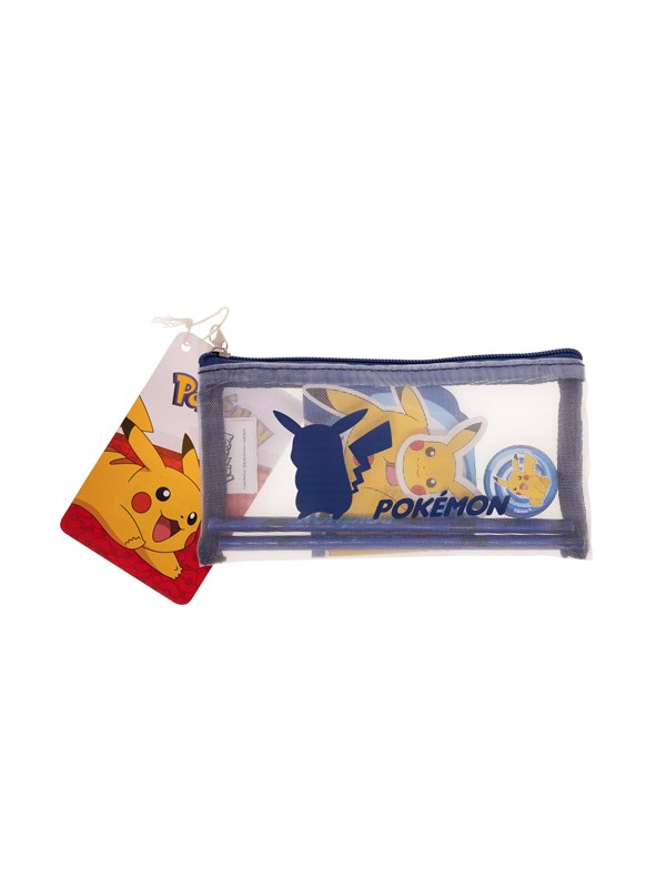 Euromic POKÉMON Filled MESH pencil pouch w/stationery articles:  2 triangular pencils 1 round sharpener 1 shaped eraser 1 shaped memo pad. Size of pencil pouch L 20 cm H 9.5 cm