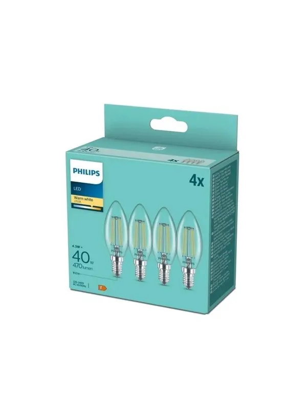 Philips LED-lyspære Classic Candle 4,3W/827 (40W) Clear 4-pack E14