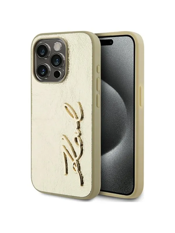 Karl Lagerfeld Wrinkled Metal Signature iPhone 15 Pro Case - Gold