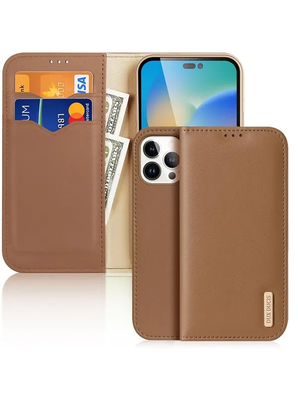 Dux Ducis  Hivo Leather Flip Case Genuine Leather Cover Card & Document Wallet iPhone 14 Pro Max Brown