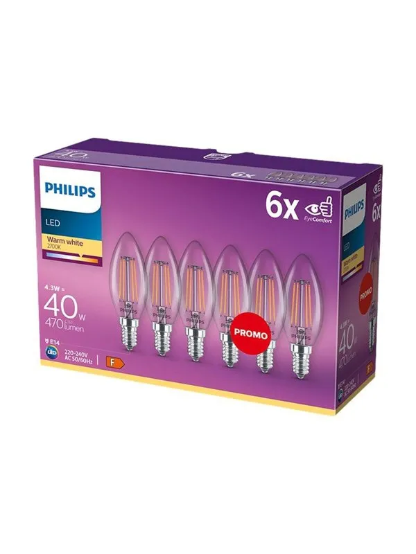 Philips LED-lyspære Classic Candle 4.3W/827 (40W) Clear 6-pack E14
