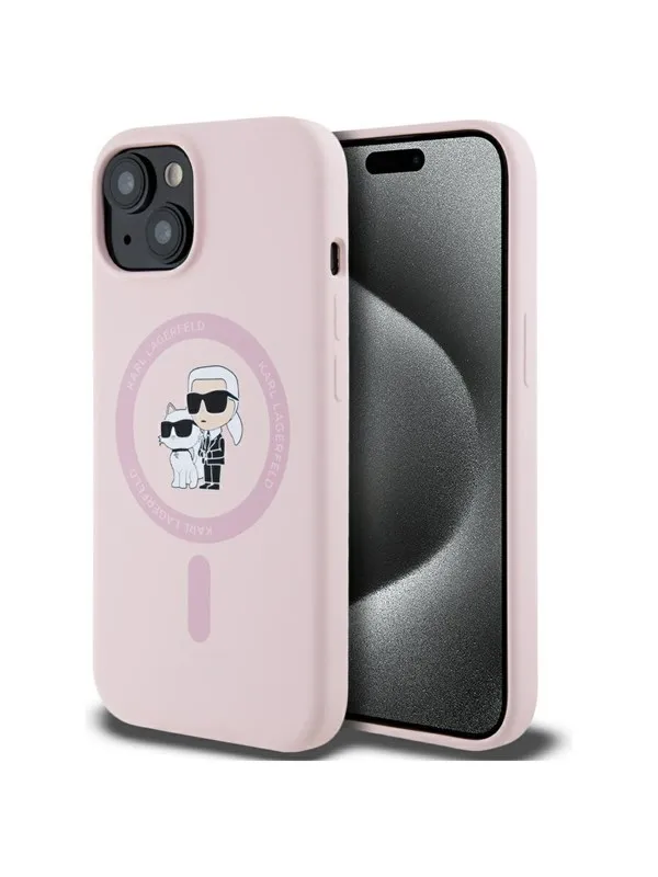 Karl Lagerfeld Silicone Karl&Choupette MagSafe iPhone 15 Case - Pink