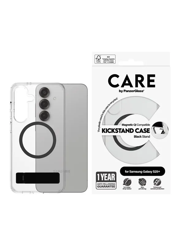 CARE by PanzerGlass Feature Case Transparent w. Black Kickstand & QI Compatible Samsung Galaxy S25+