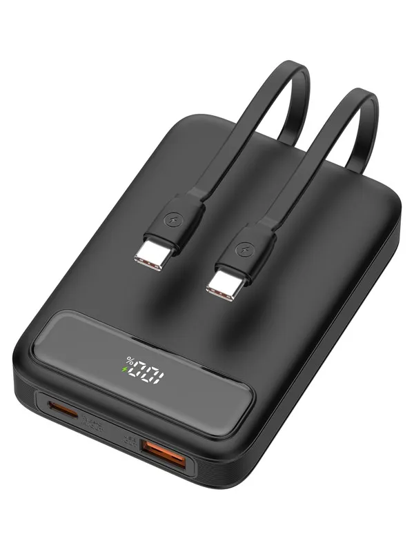 Deltaco PB-CC100 - Powerbank 10 000 mAh - 2x USB-C cables built-in + 1x USB-A & 1x USB-C PD 20 W - Black Nødlader - Svart - 10000 mAh